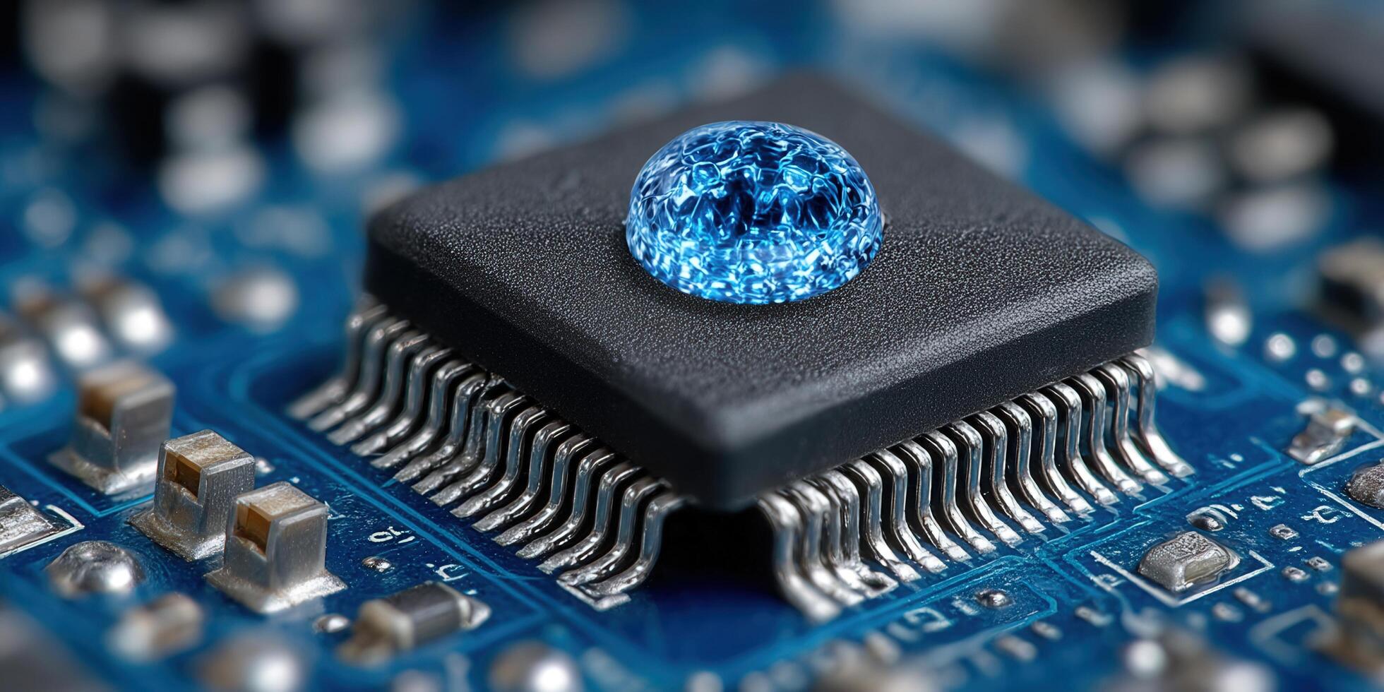 Intricate macro shot of a computer chip with a captivating blue water droplet on its surface. photo