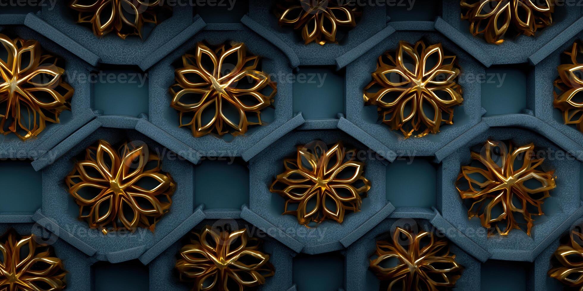 Gold floral pattern in relief with a teal backdrop for a luxurious design. photo