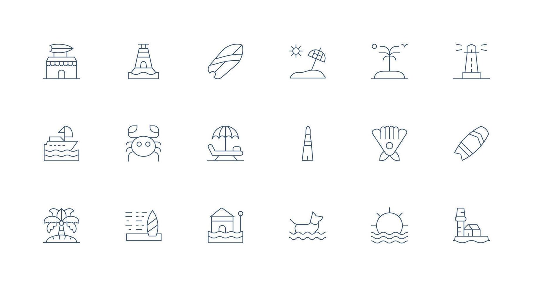 Coastal Design Icons featuring 18 in Minimal Line Style Multi-Style Icon Collection vector