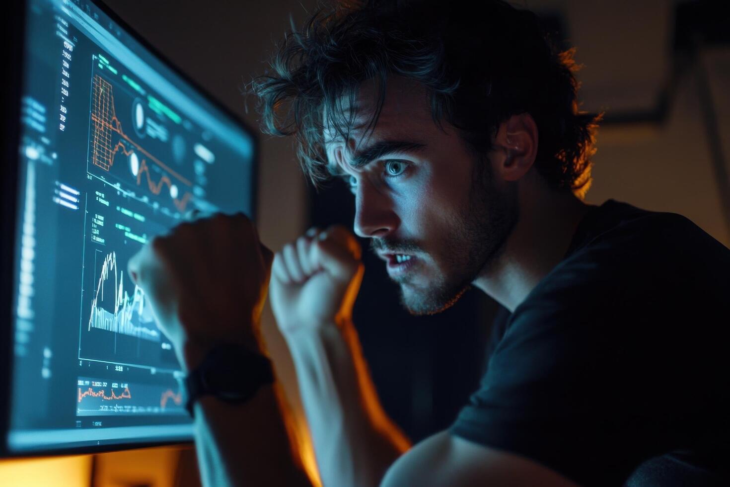 A man is looking at a computer screen with a graph on it photo