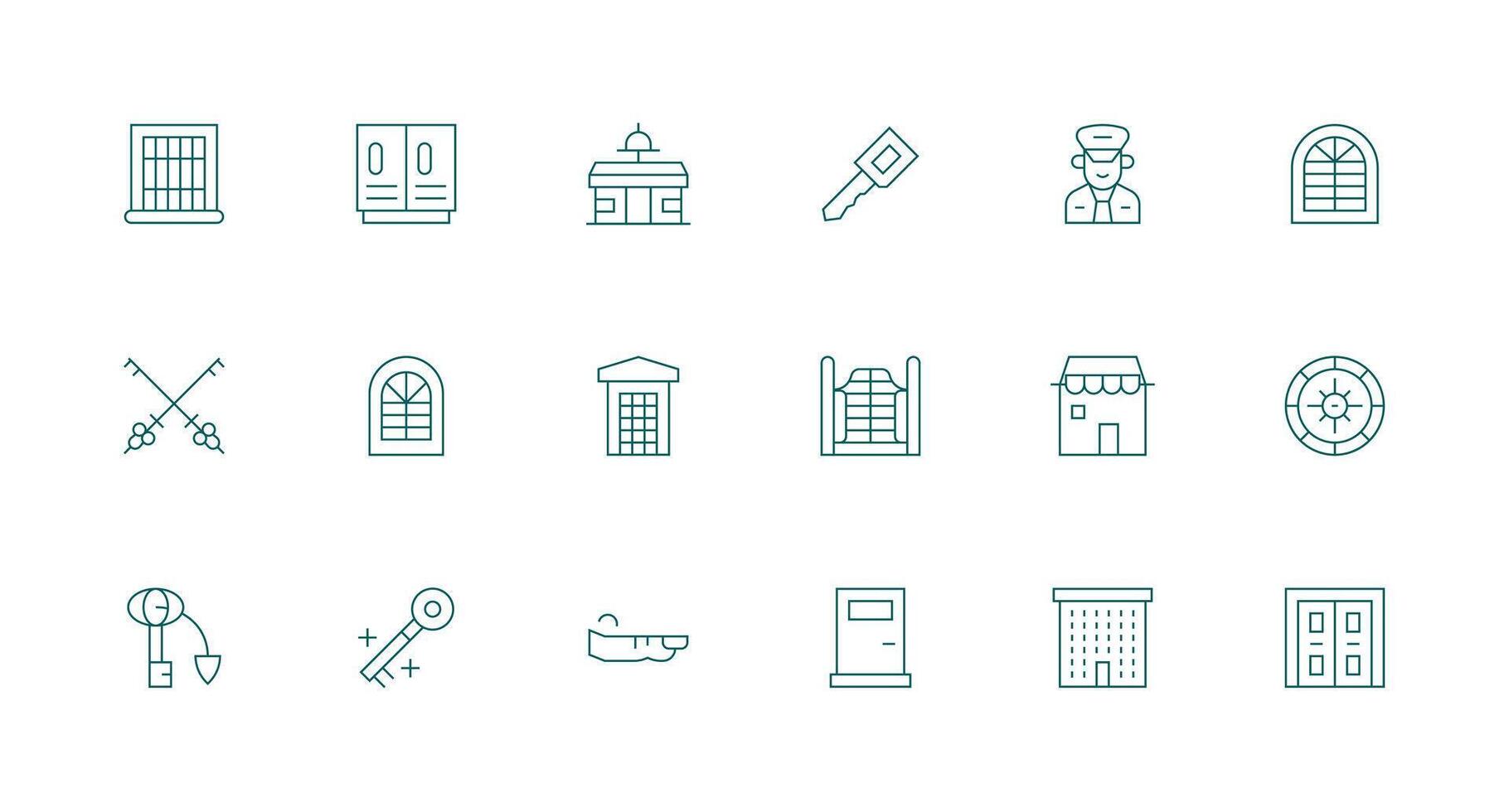 Door Design Icons featuring 18 in Minimal Line Style Quick Access Icons for UI Development vector