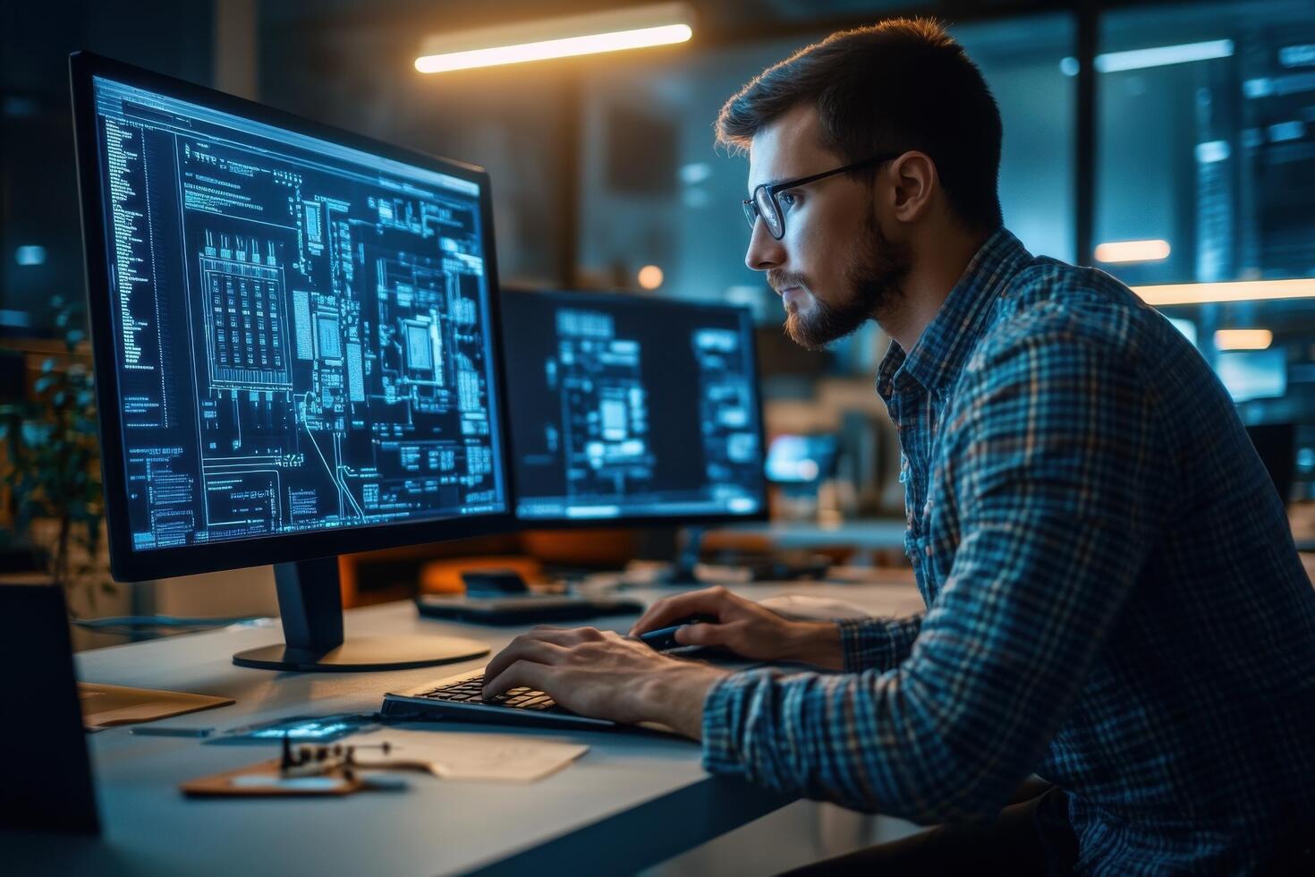 A man is working on a computer in front of two monitors photo