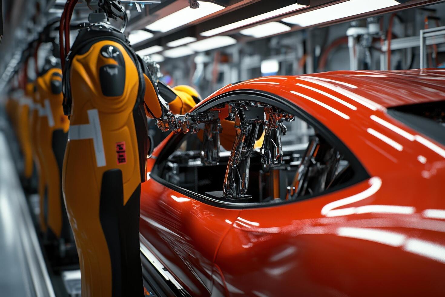 A robot is working on a car in an assembly line photo