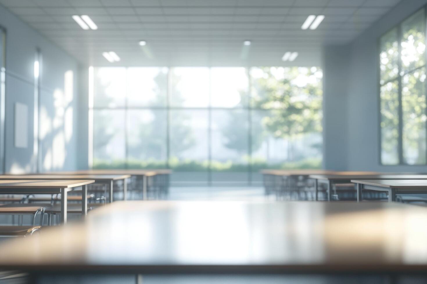 Empty classroom with tables and chairs in front of large windows photo