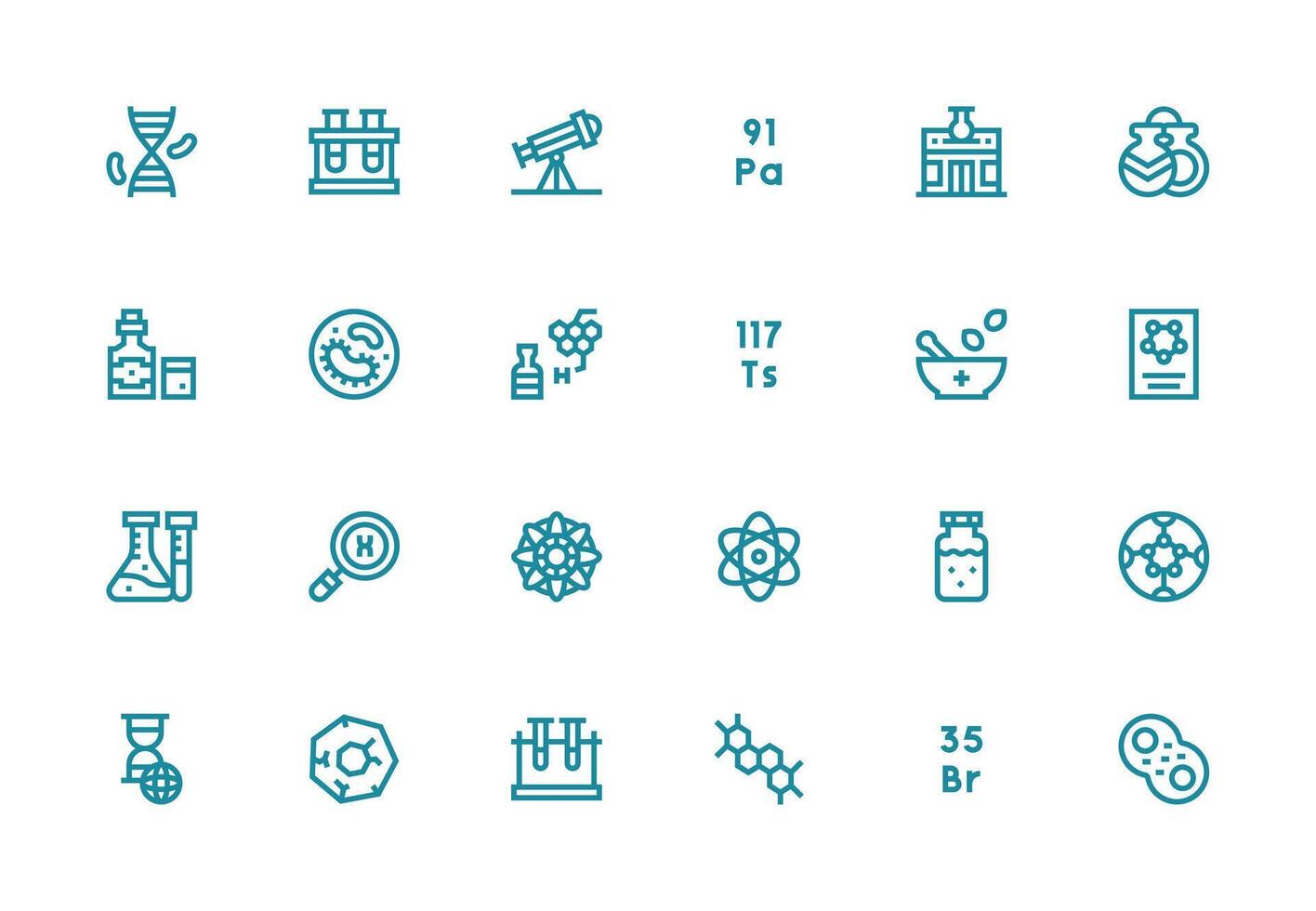 Science including 24 Thick Line Line Illustrations Quick Access Icons for UI Development vector
