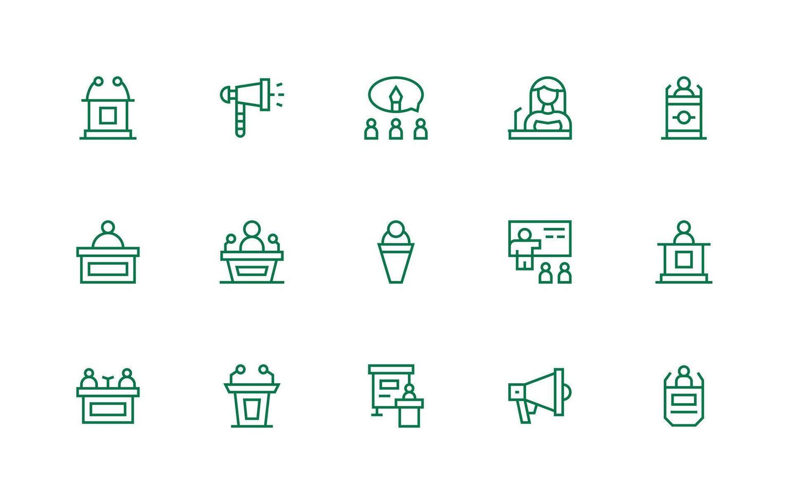 Public Speaking Design Icons featuring 15 in Regular Line Style Glyph Icon Series vector