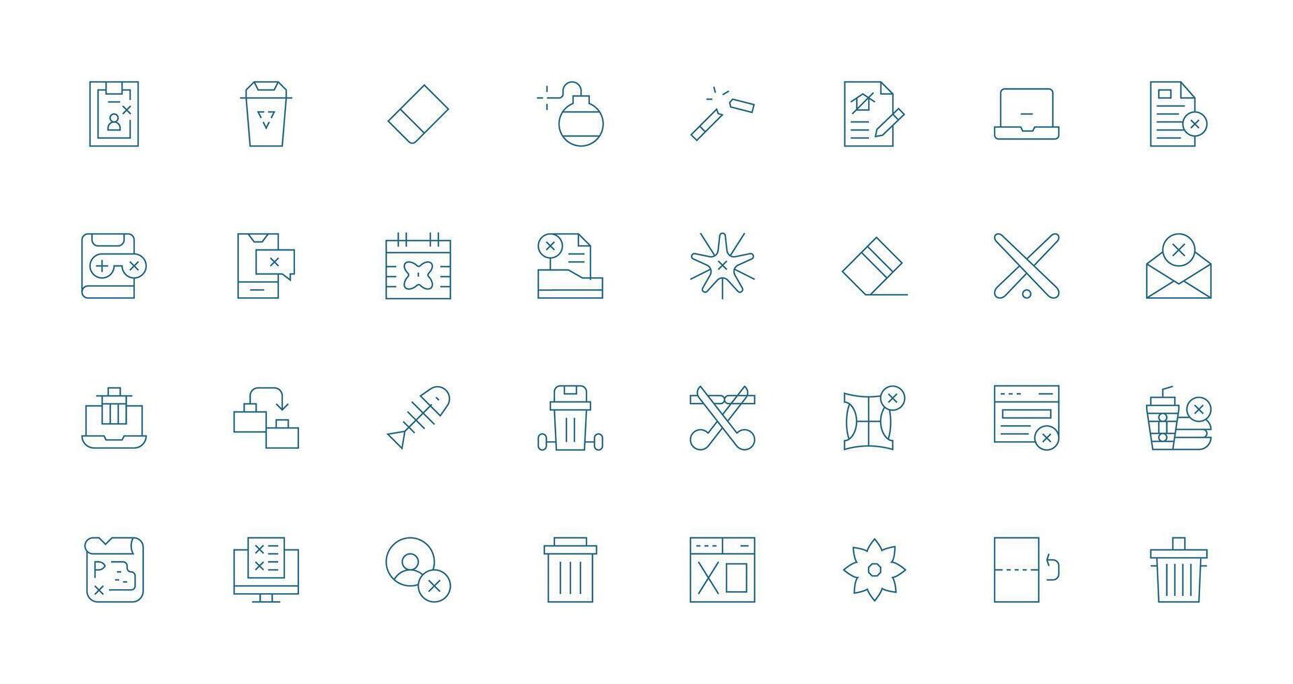 Delete Icon Set with 32 Thin Line Graphics Design Ready Icon Set for Teams vector