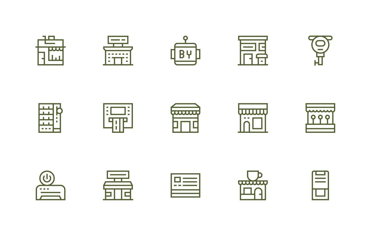 Kiosk Design Icons featuring 15 in Regular Line Style User Interface Icons for Digital Products vector