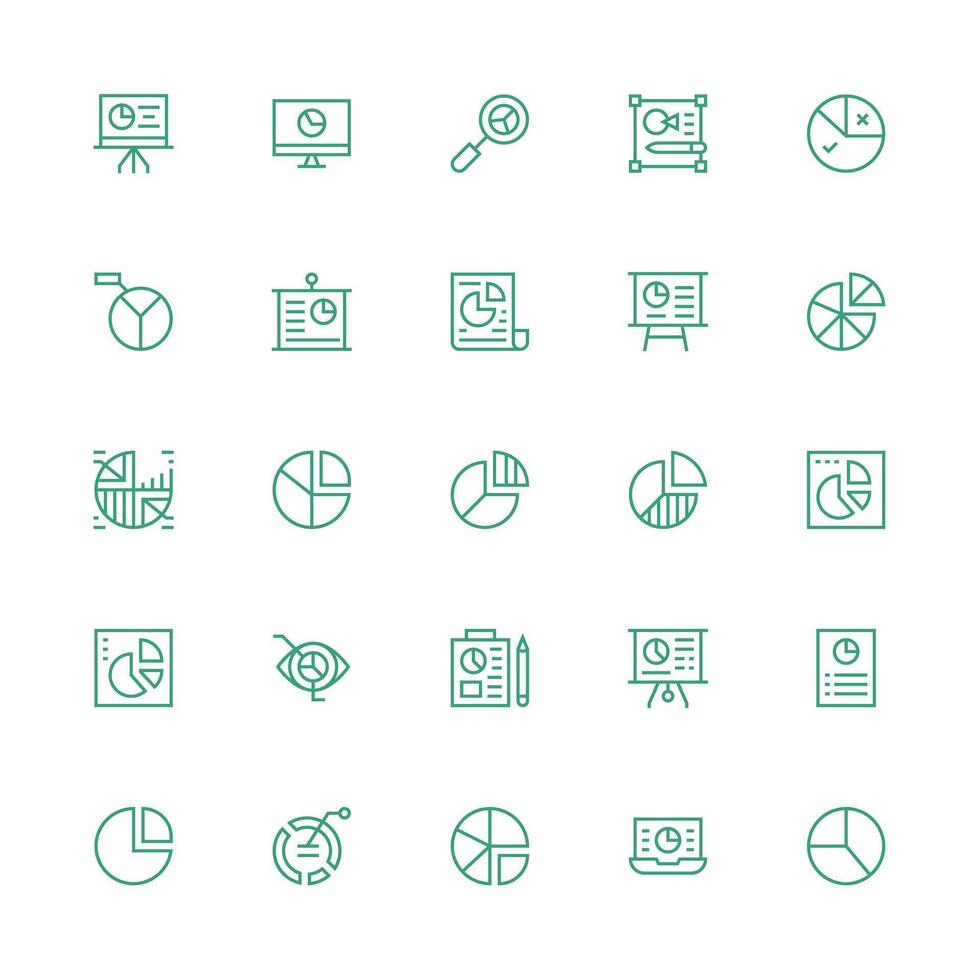 Pie Chart Design Icons featuring 25 in Medium Stroke Outline Style Organized Icon Pack for Quick Access vector