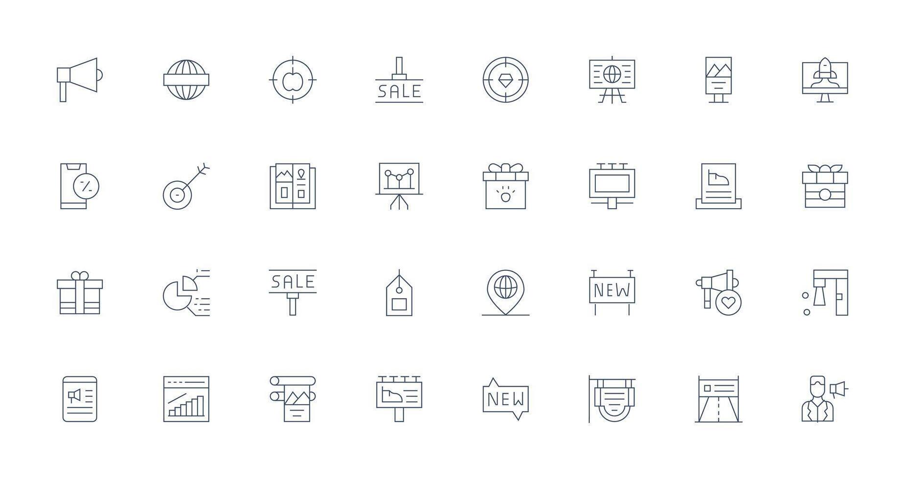 Marketing Design Icons featuring 32 in Thin Line Style Multi-Purpose Icon Set vector