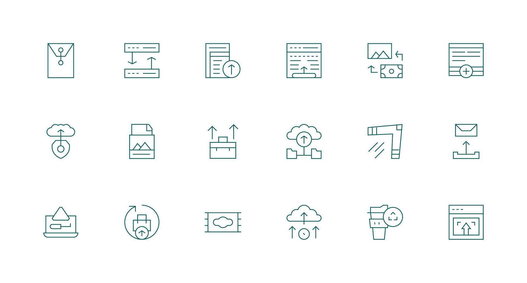 File Upload Icon Set with 18 Minimal Line Graphics Quick Access Icons for UI Development vector