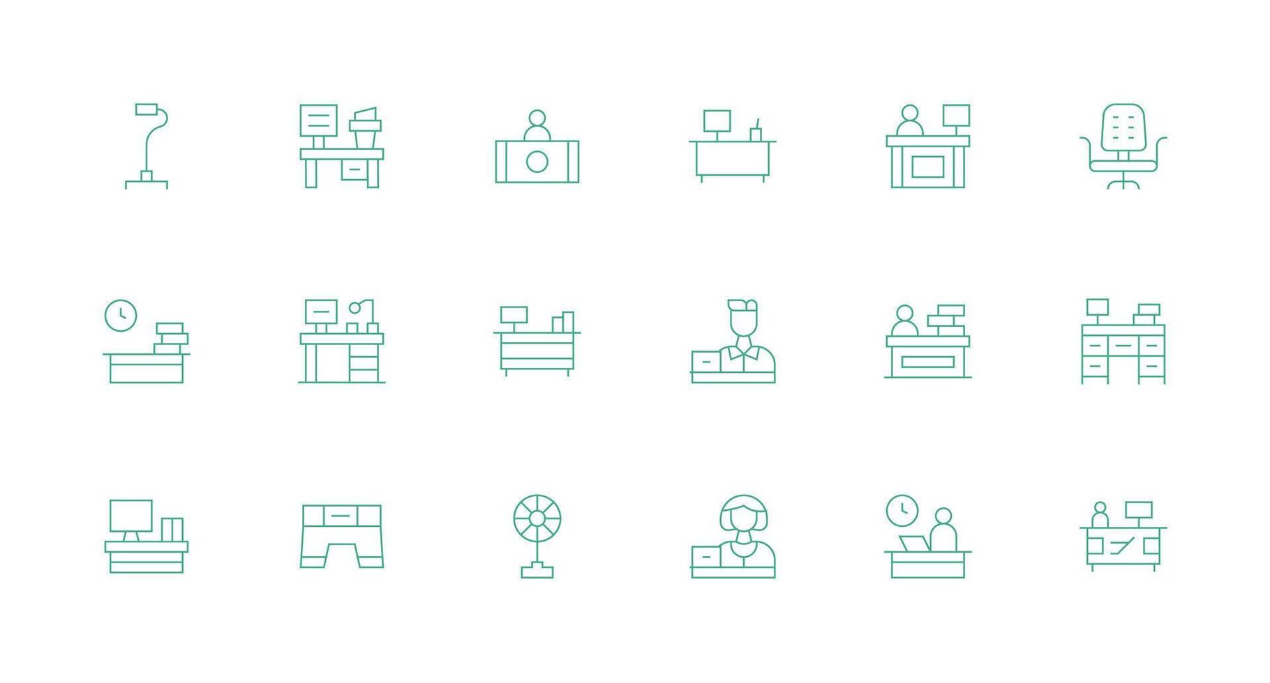 escritorio presentando 18 íconos en mínimo línea diseño ui y ux enfocado icono colección vector