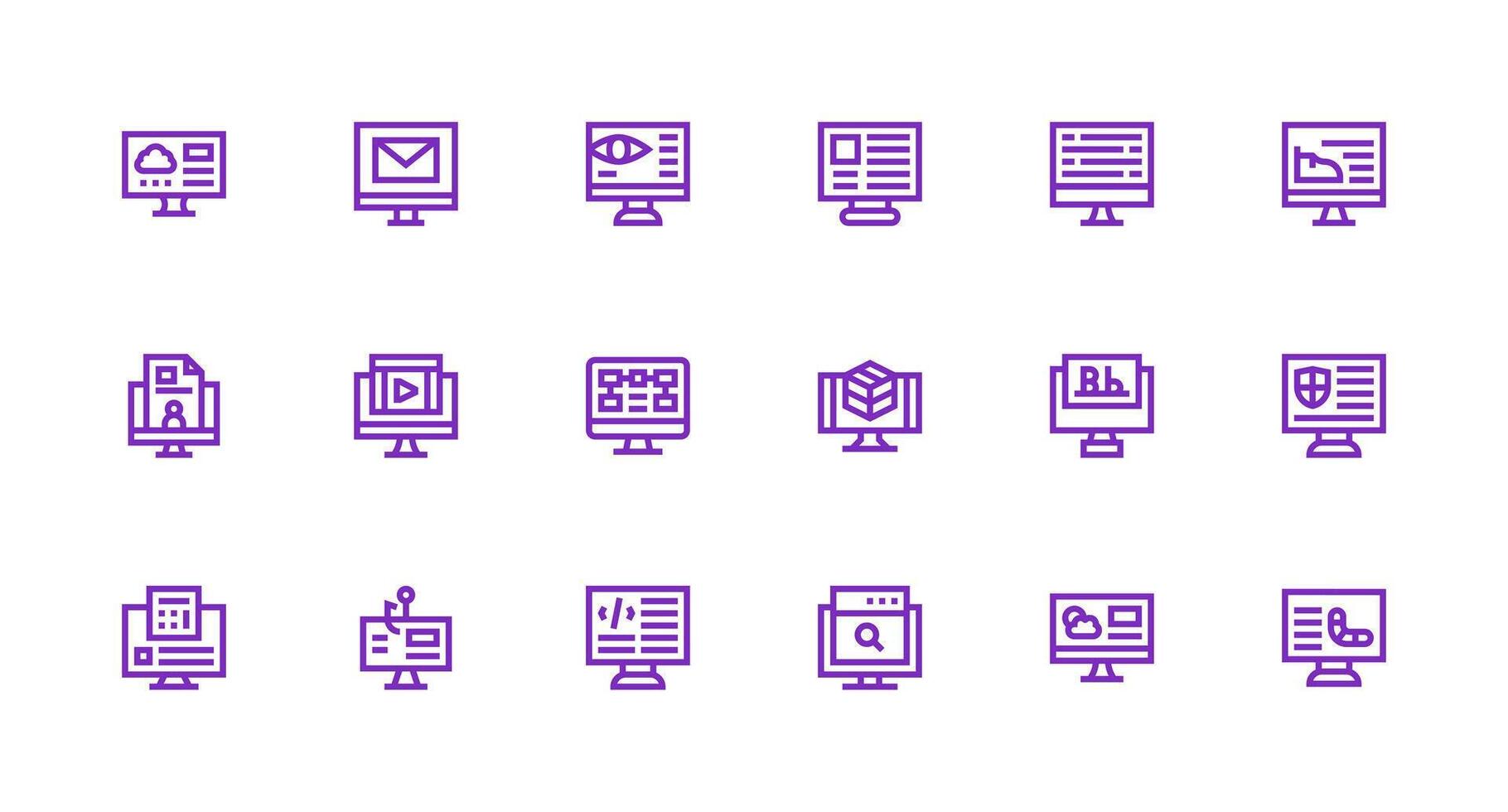 Computer Screen Icon Collection with 18 Strong Stroke Line Designs Lightweight Icon Series for Fast Prototypes vector