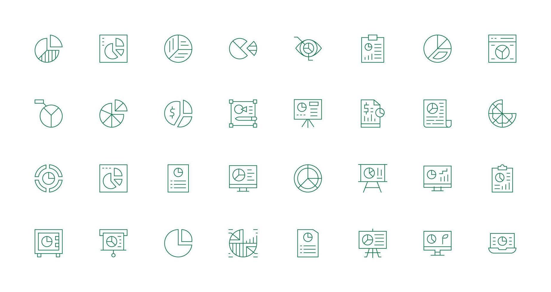 Pie Chart featuring 32 Icons in Thin Line Design Detailed Icon Collection for Design Systems vector