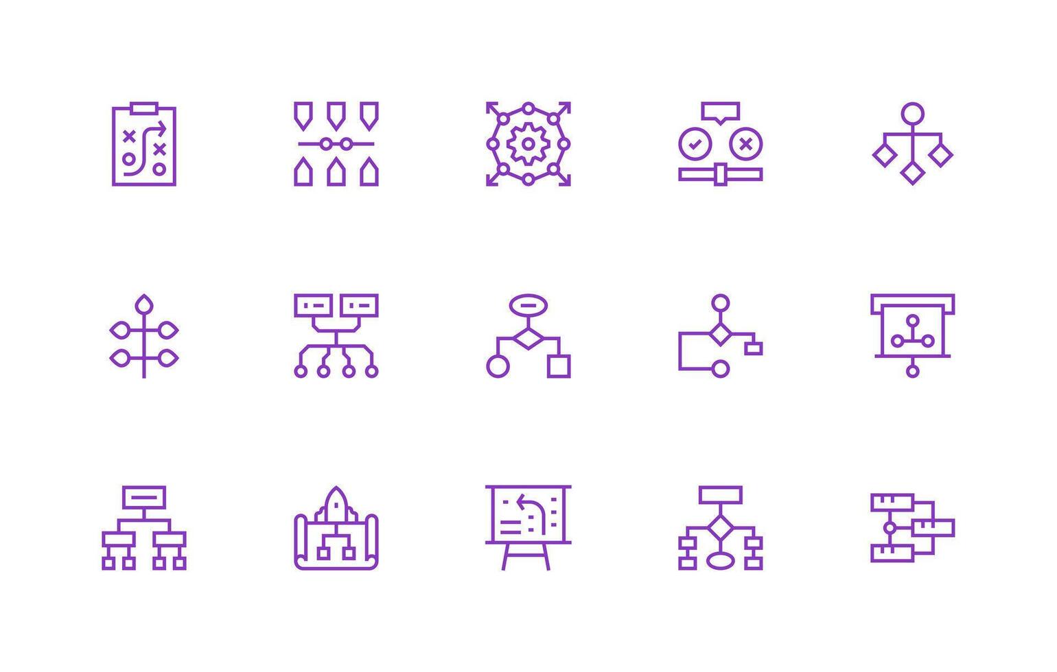 Flowchart featuring 15 Icons in Regular Line Design Sharp Icons for Presentations vector