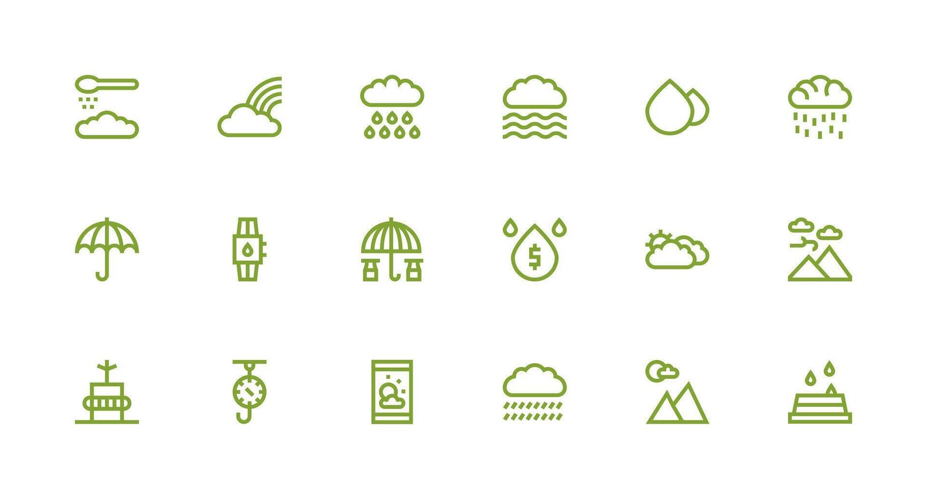 Rain Design Icons featuring 18 in Strong Stroke Line Style Complete Icon Bundle for Web Design vector