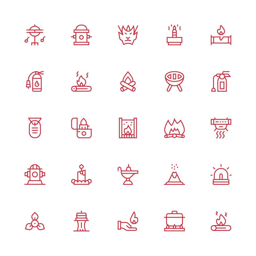 Fire Visual Pack containing 25 Medium Stroke Outline Icons Minimal Icon Set for Interface Projects vector