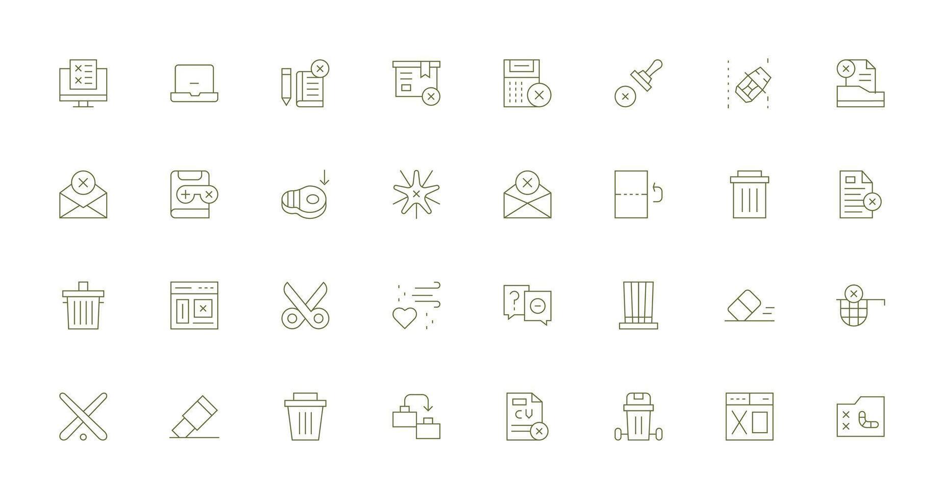 Delete Icon Collection with 32 Thin Line Designs Organized Pack for Project Assets vector