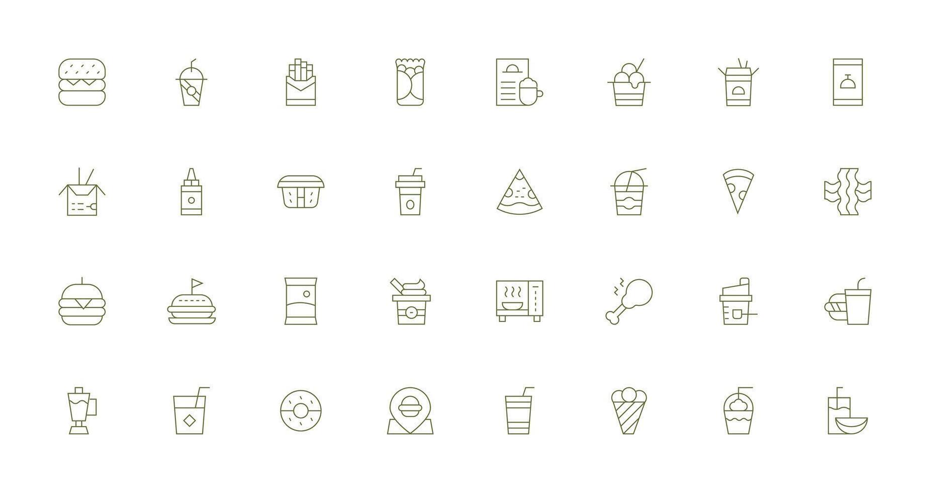 Fast Food Design Icons featuring 32 in Thin Line Style Complete Icon Bundle for Web Design vector