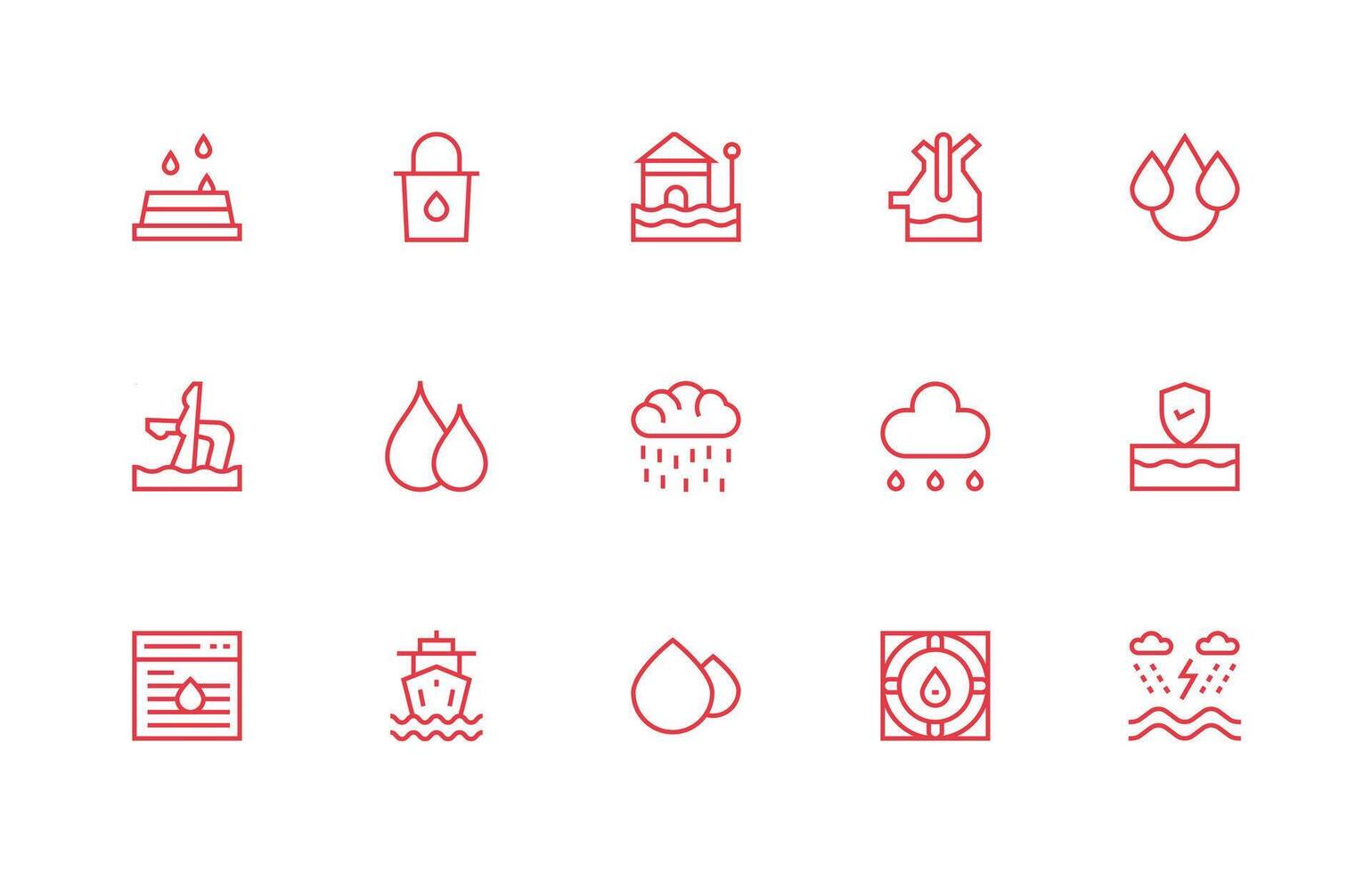 Flood Icon Set with 15 Regular Line Graphics Display Icon Pack vector