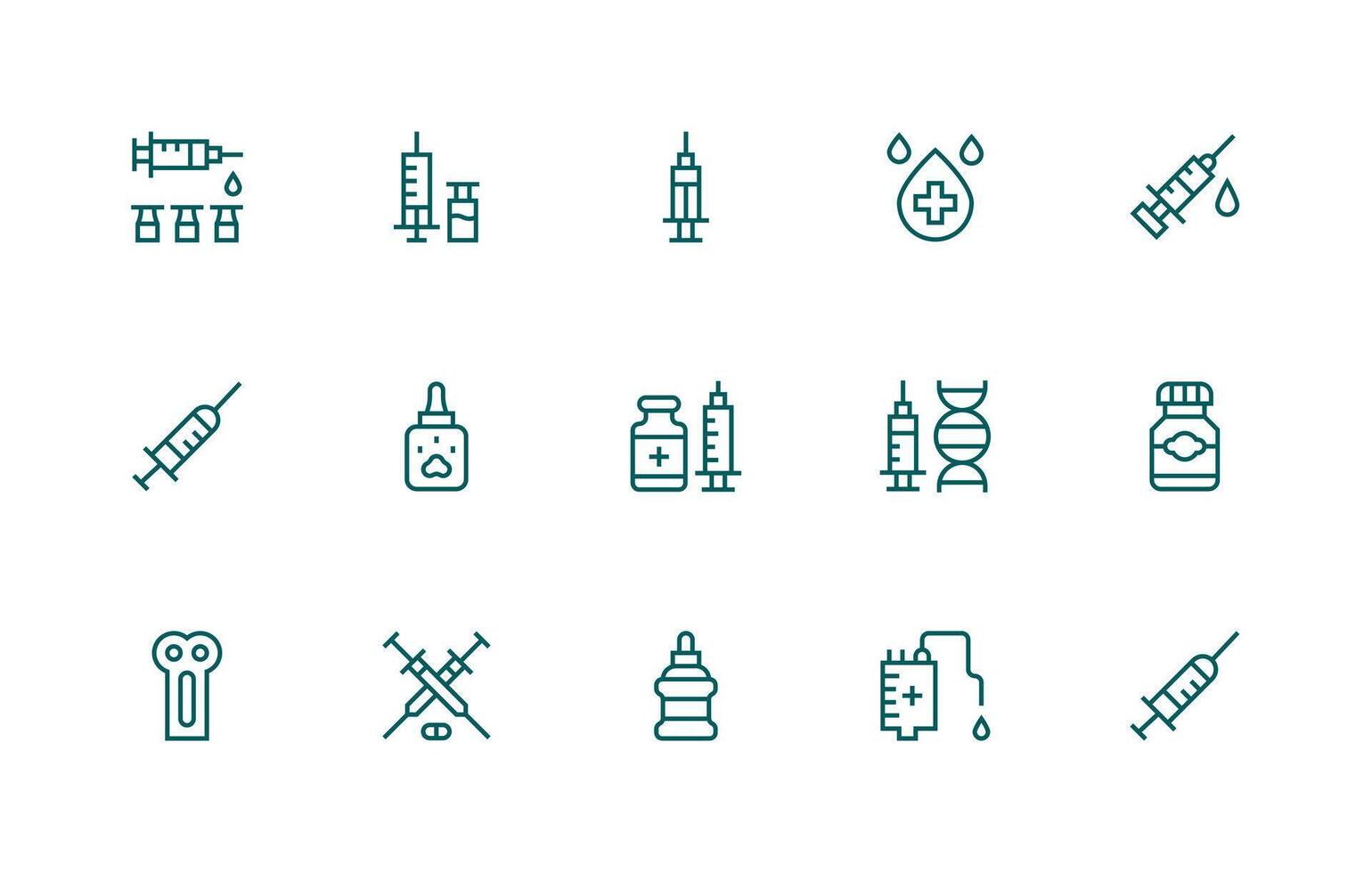 Injection Icon Set with 15 Regular Line Graphics Detailed Icon Collection for Design Systems vector