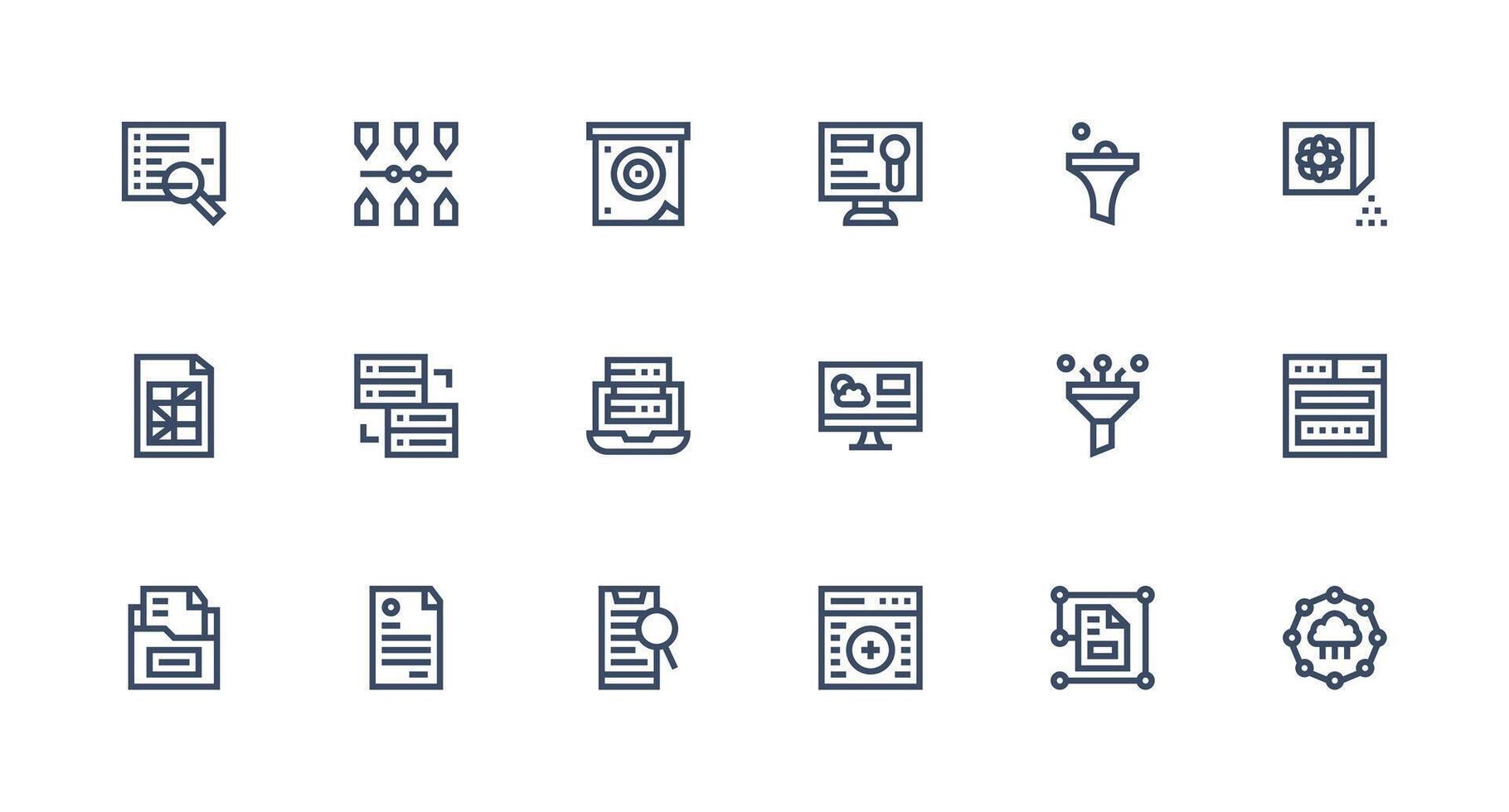 Database Design Icons featuring 18 in Strong Stroke Line Style Dashboard Icon Series vector