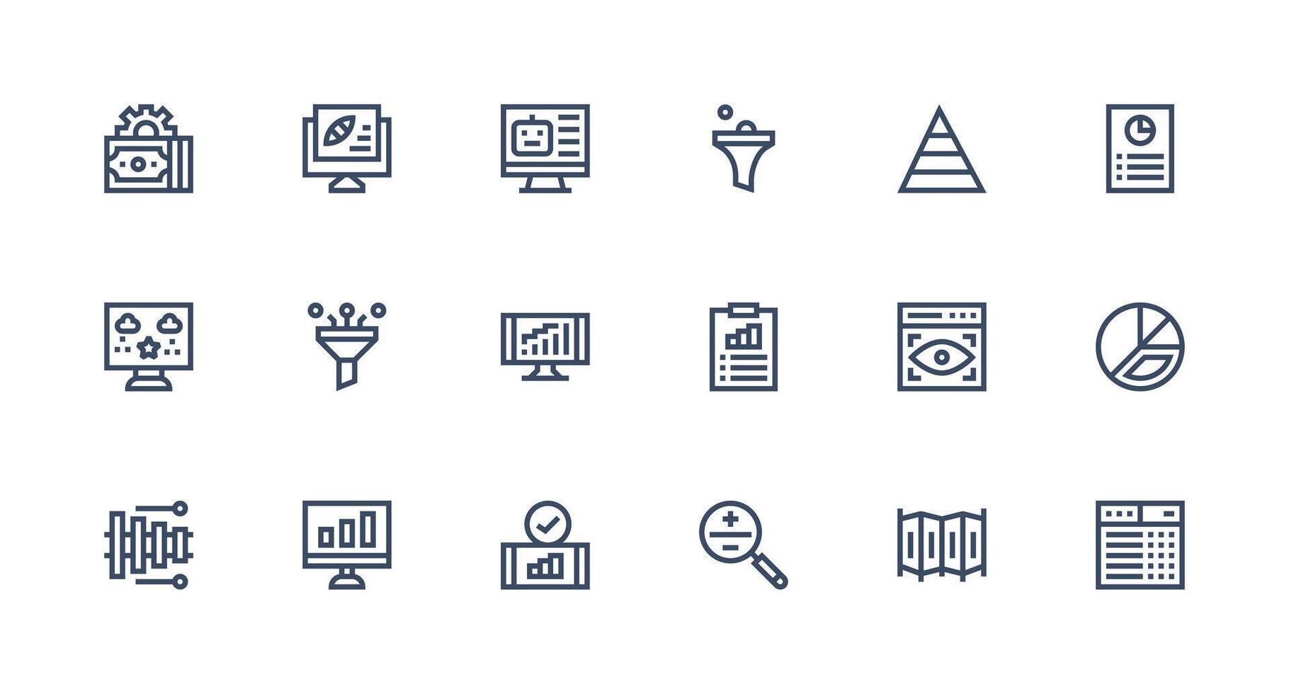 Data Analysis featuring 18 Icons in Strong Stroke Line Design Icon Set for Web vector