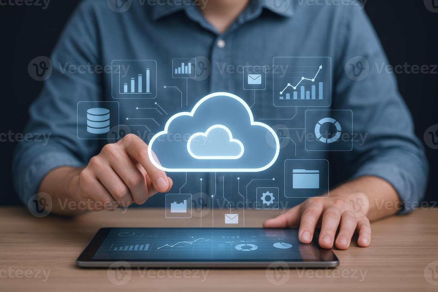 Cloud Computing Technology Concept Man Using Tablet with Cloud Graphic and Data Icons for Business Solutions photo