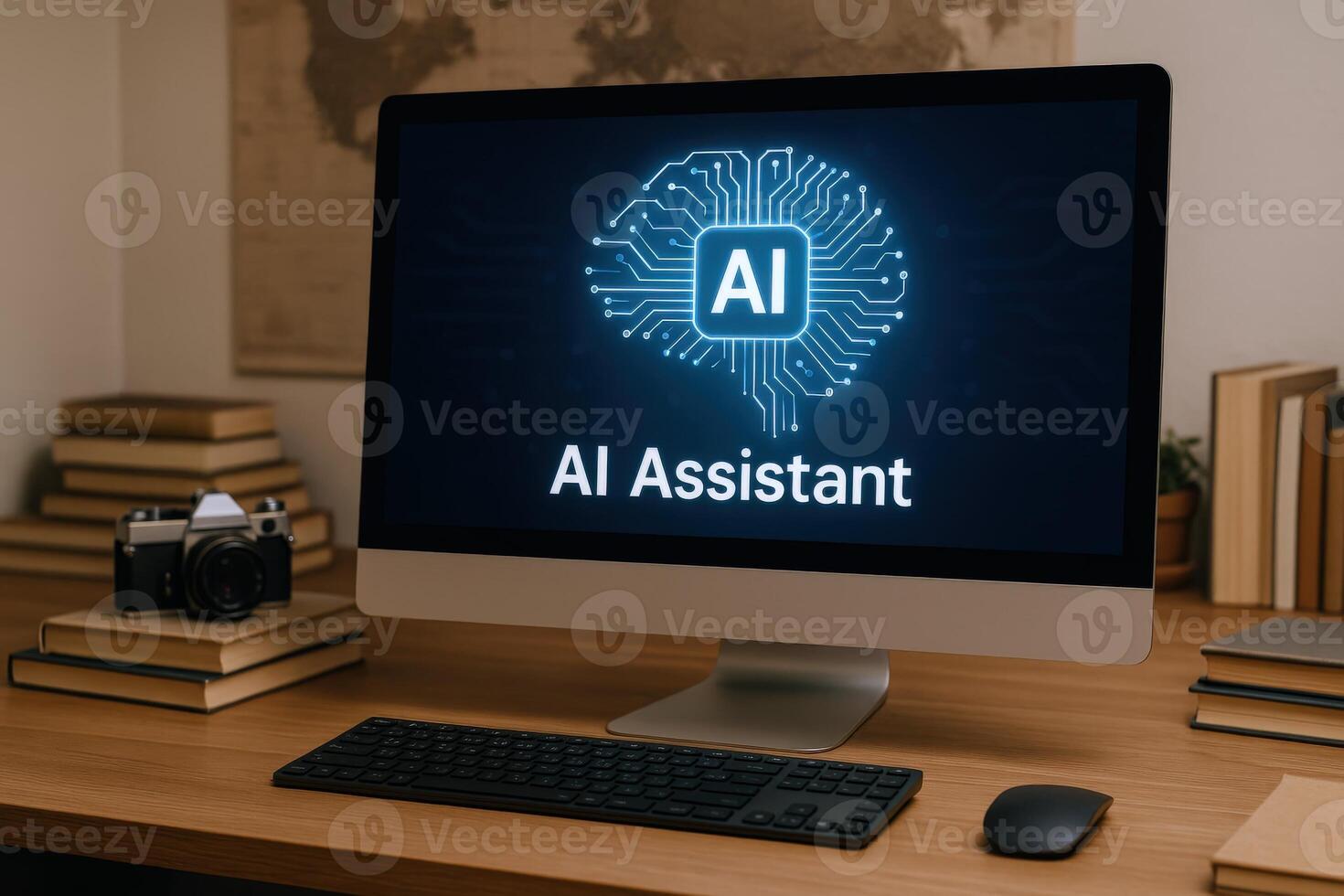 AI Assistant on Computer Screen Displaying Futuristic Brain Circuitry, Modern Office Technology and Workspace photo