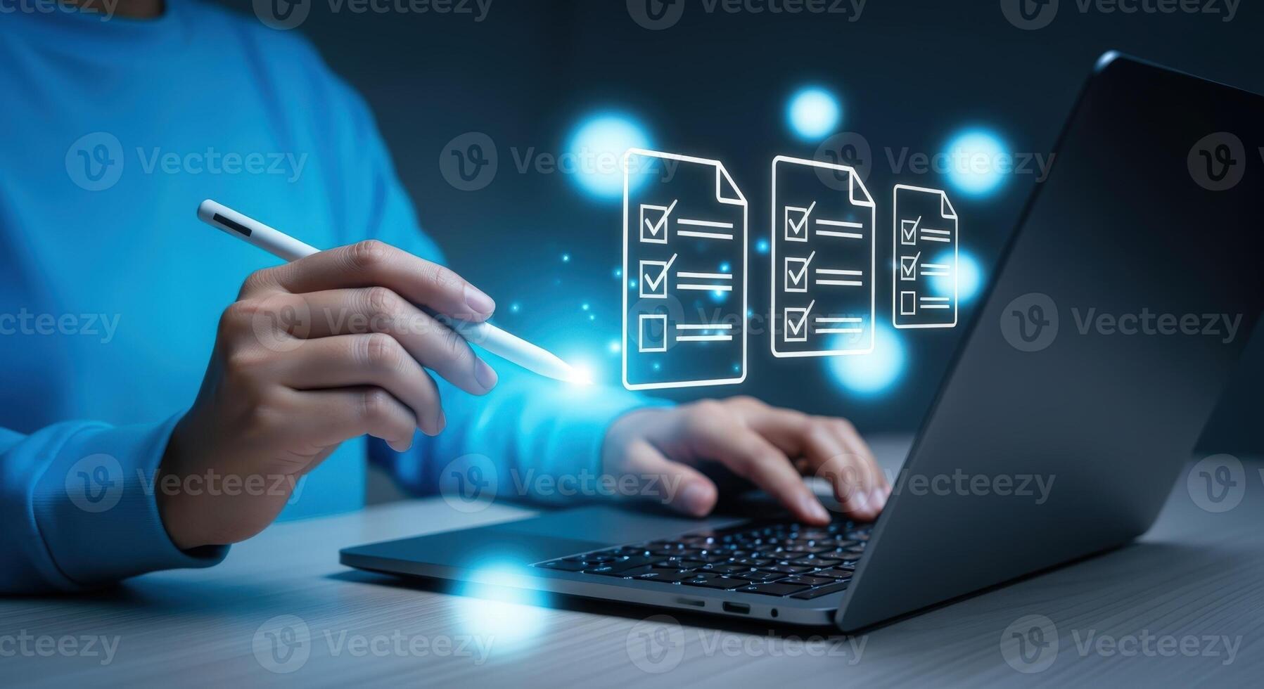 Digital Checklist on Laptop Person Completing Online Survey, Form or List with Interactive Technology photo