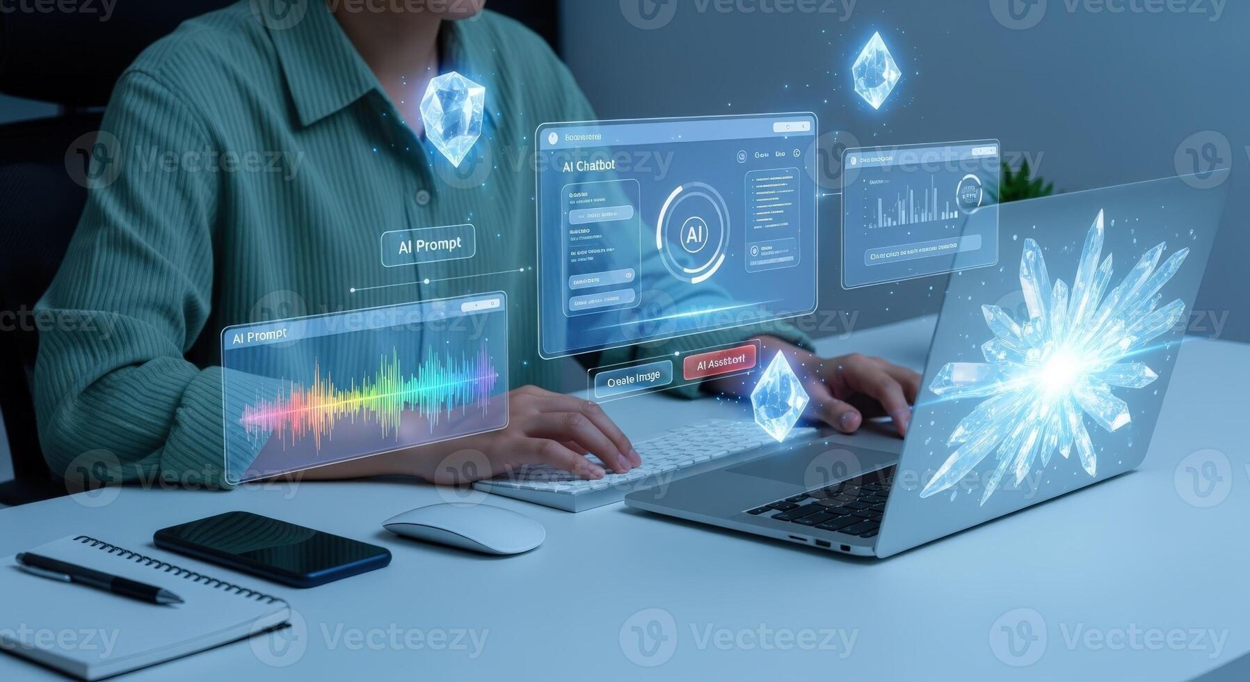 Woman Working with Augmented Reality Interface on Laptop, Displaying Data Analytics and Visualizations for Future Technology photo