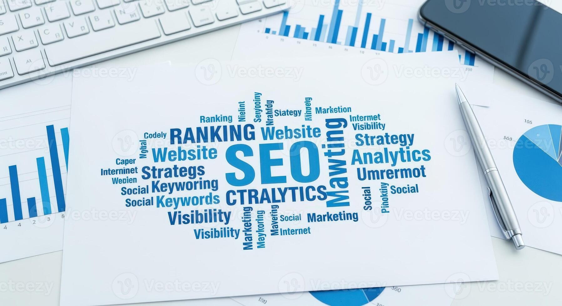 SEO Analytics and Ranking Strategy Composition on Office Desk with Keyboard, Phone, Pen and Graph photo