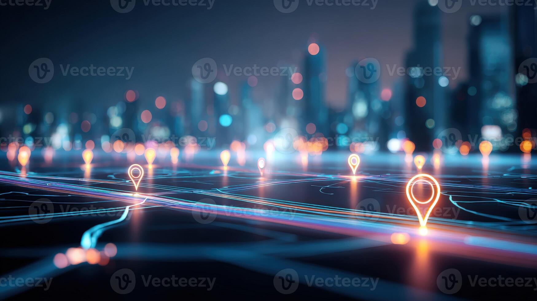 Modern City Navigation Digital Map with Location Pins and Network Connections in a Metropolitan Area photo