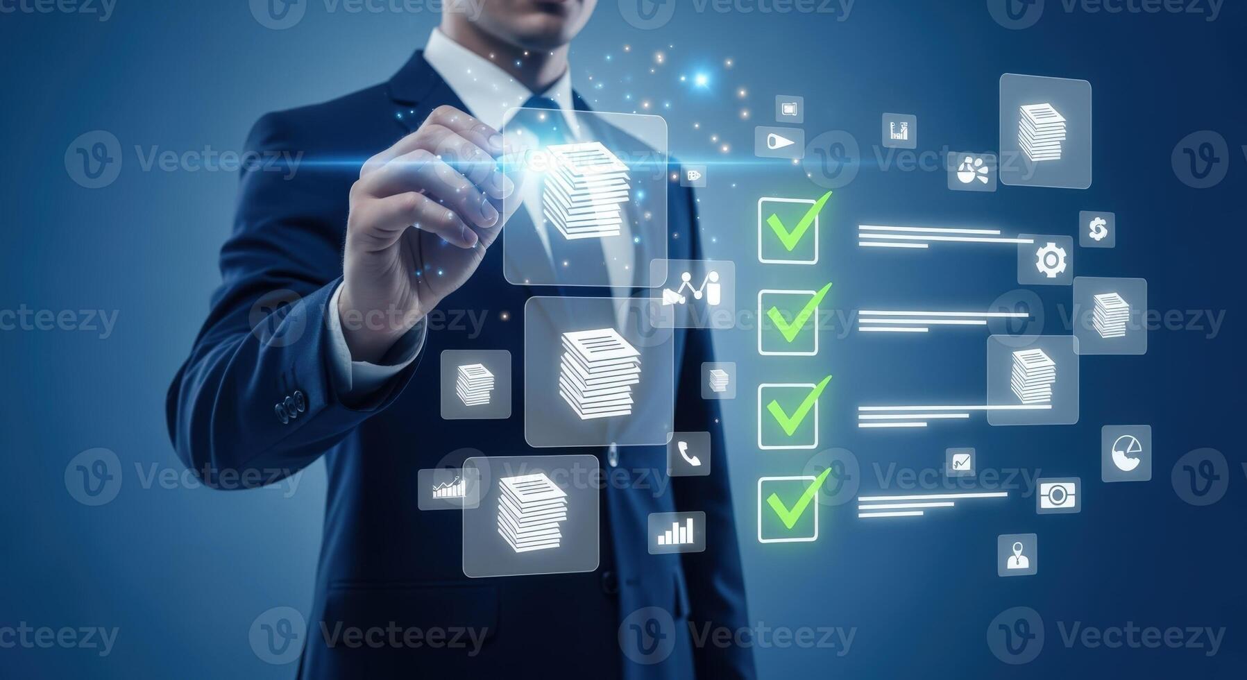 Businessman Interacting with Digital Checklist Completing Tasks and Approving Documents in a Modern Interface photo