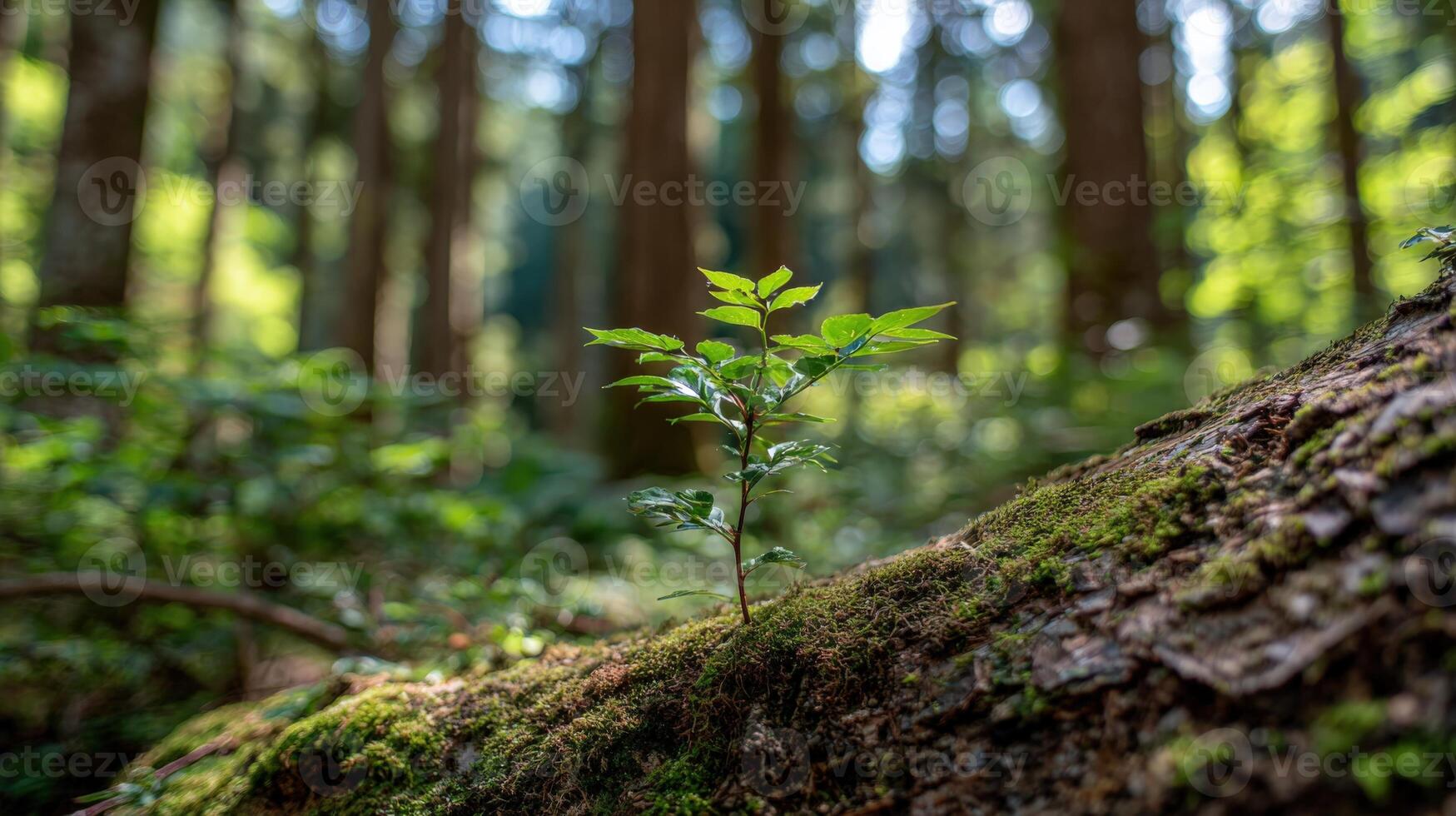 Resilient Sprout Growing on Mossy Log in Forest, Symbolizing New Beginnings and Environmental Renewal photo
