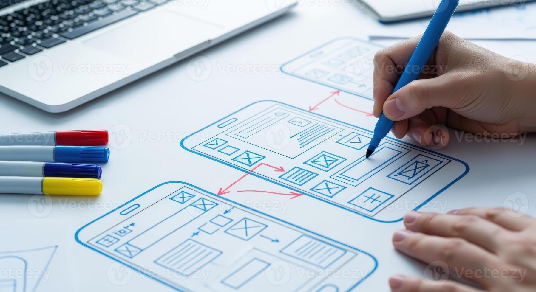 Mobile App Design Process Hand Sketching User Interface Wireframes for Website Development and Optimization photo