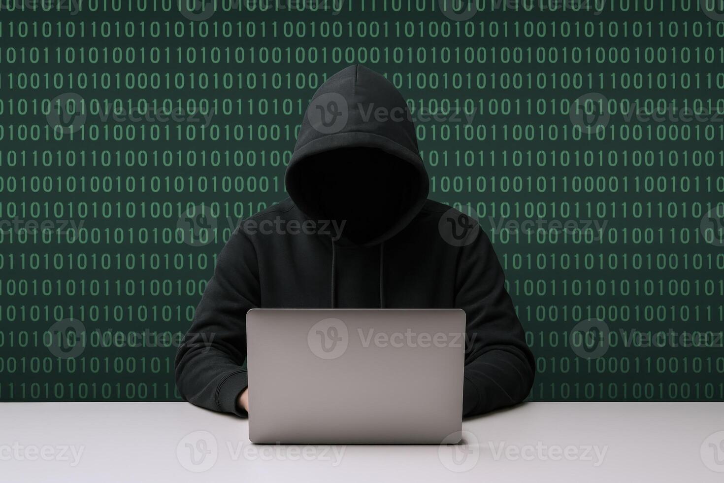 Hacker Silhouette Working on Laptop with Binary Code, Cybersecurity Threat Concept photo