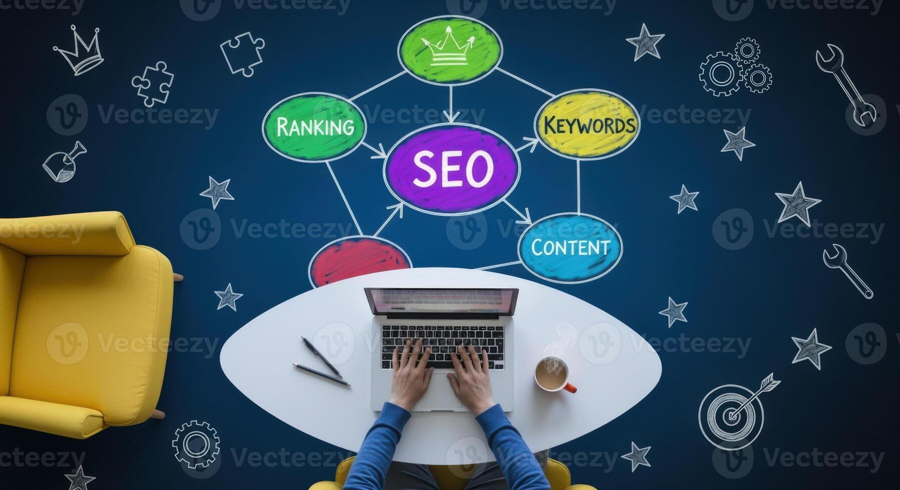 Overhead View of SEO Strategy Implementation with Visual Representation on Dark Blue Background Illustration photo