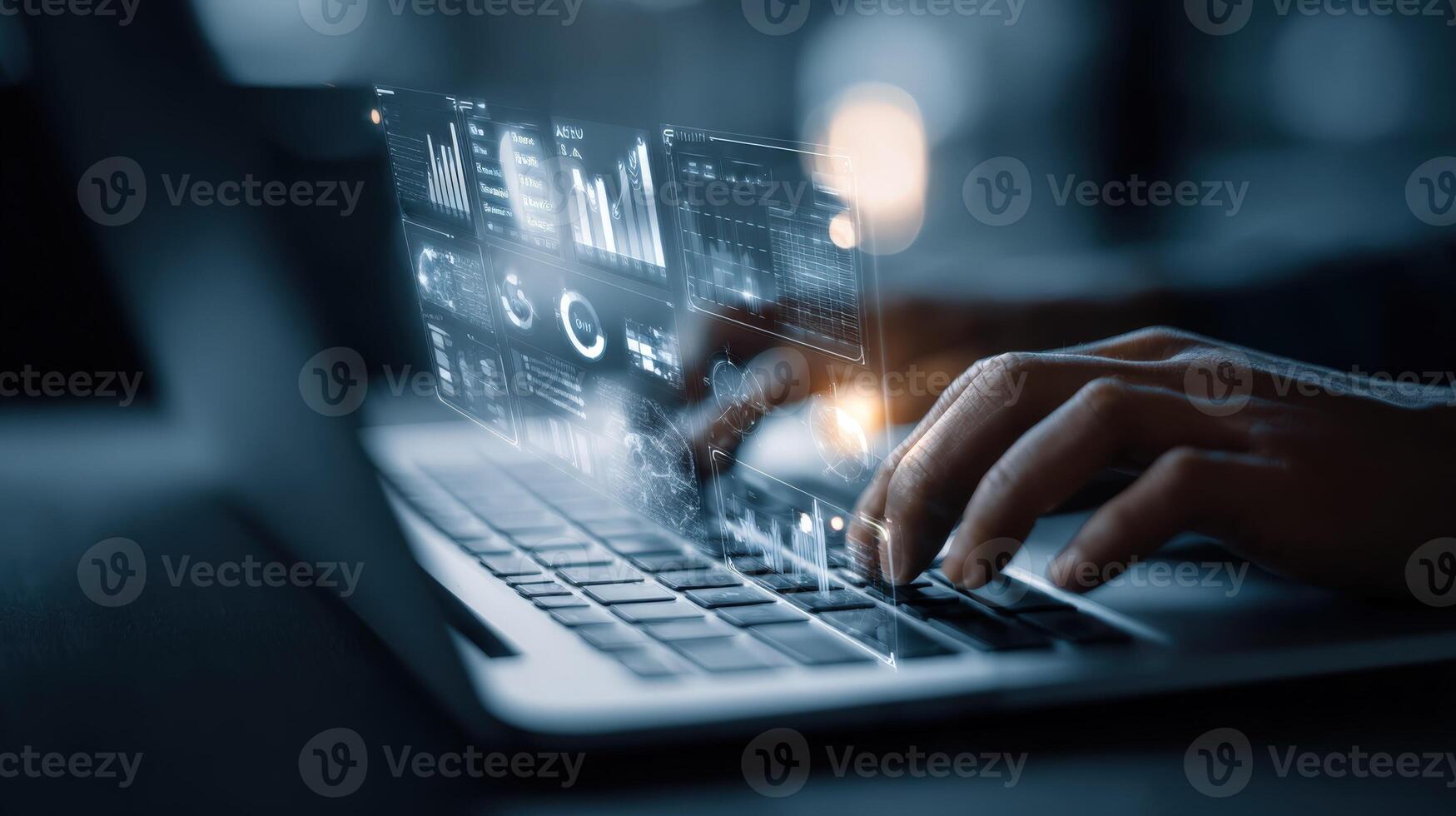 Data Analysis on Laptop Person Typing with Digital Overlays for Business Intelligence and Statistics photo