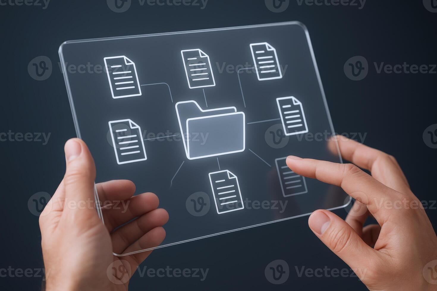 Digital Document Management Concept with Transparent Touchscreen Interface Displaying Organized Files and Data Flow photo
