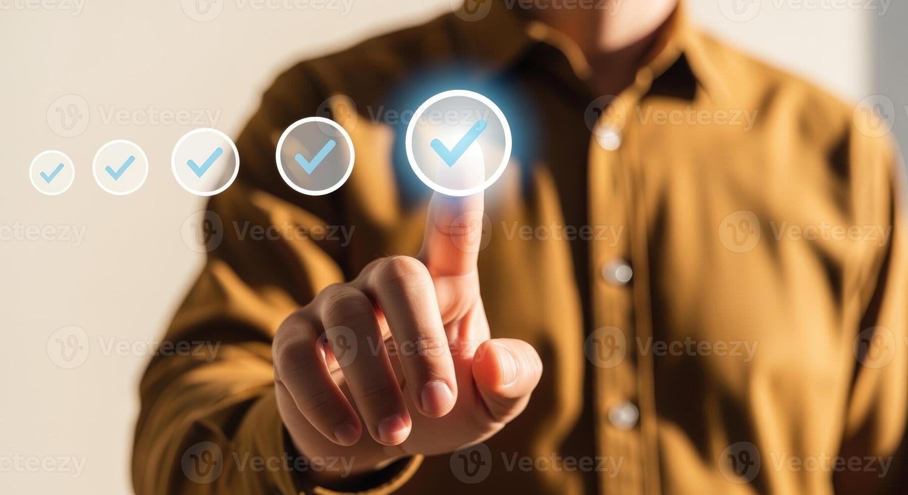 Digital Checklist Man Taps Glowing Checkmark on Virtual Interface for Task Completion and Approval photo
