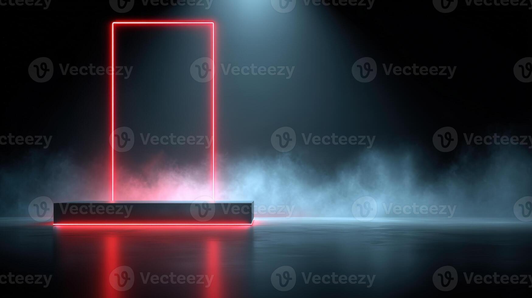 Futuristic Stage with Neon Glowing Frame and Smoke, Modern Platform for Product Display and Presentation photo
