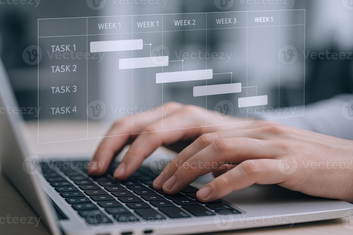 Project Timeline Management Person Typing on Laptop with Gantt Chart Overlay for Task Scheduling photo
