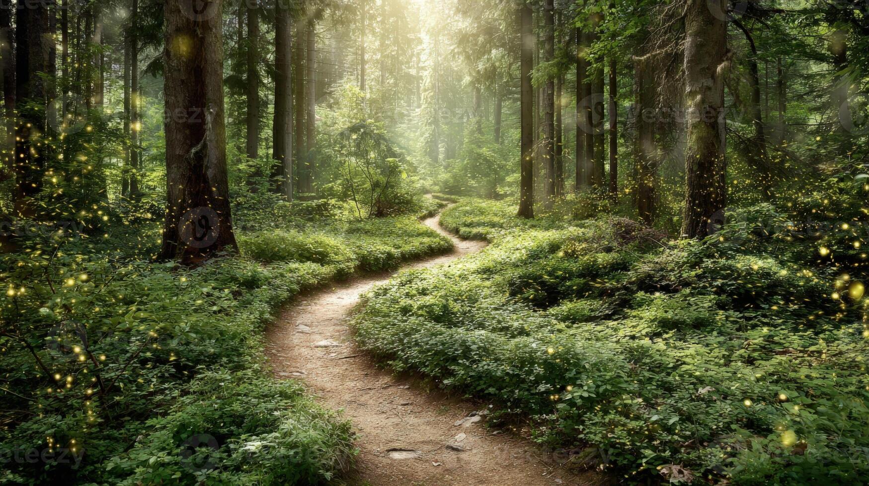 Enchanting Forest Path Serene Woodland Landscape with Sunlight Streaming Through the Trees, Creating a Magical Atmosphere photo