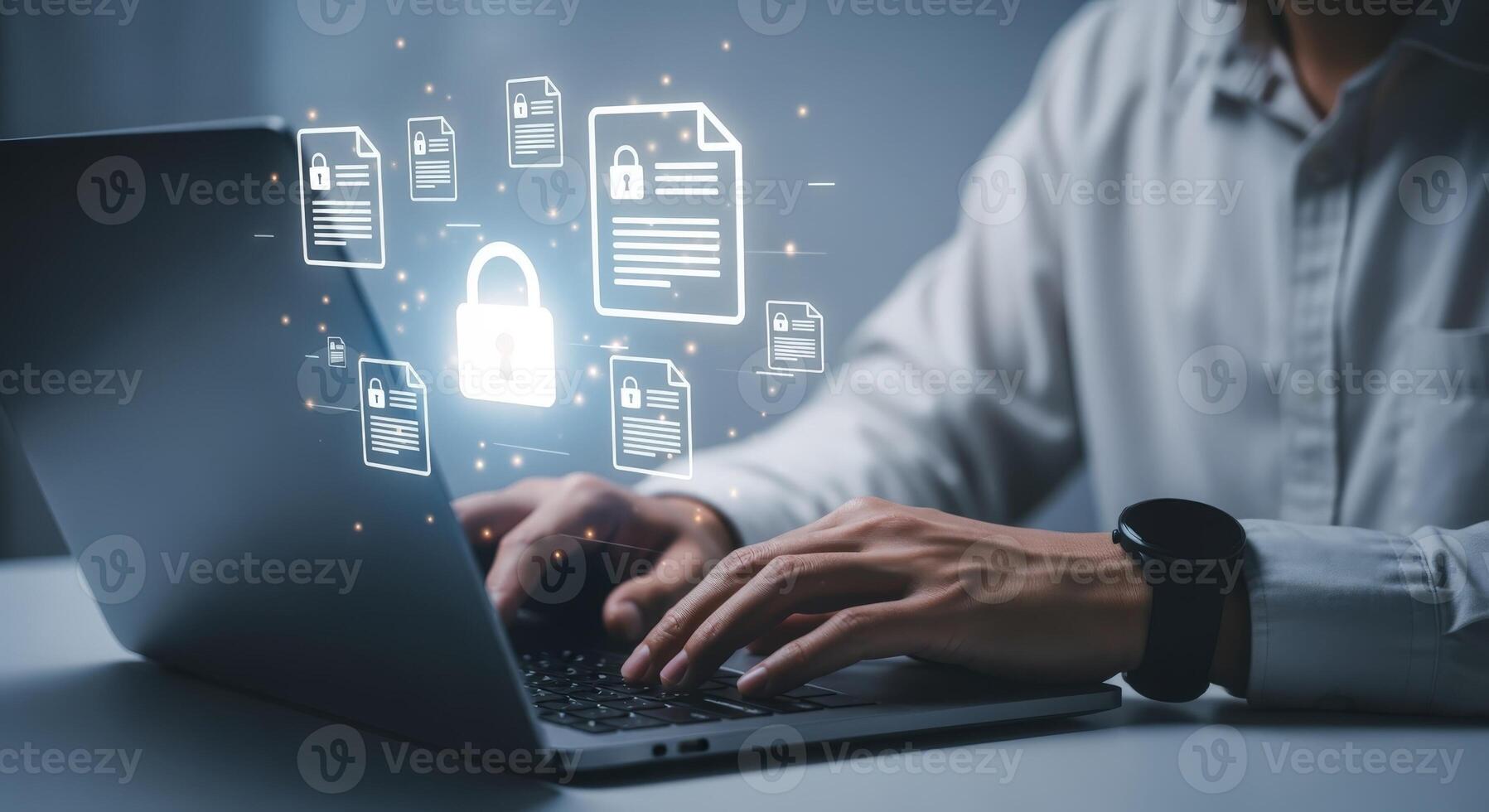 Data Protection Concept Man Using Laptop with Digital Padlock and Document Icons for Cybersecurity photo
