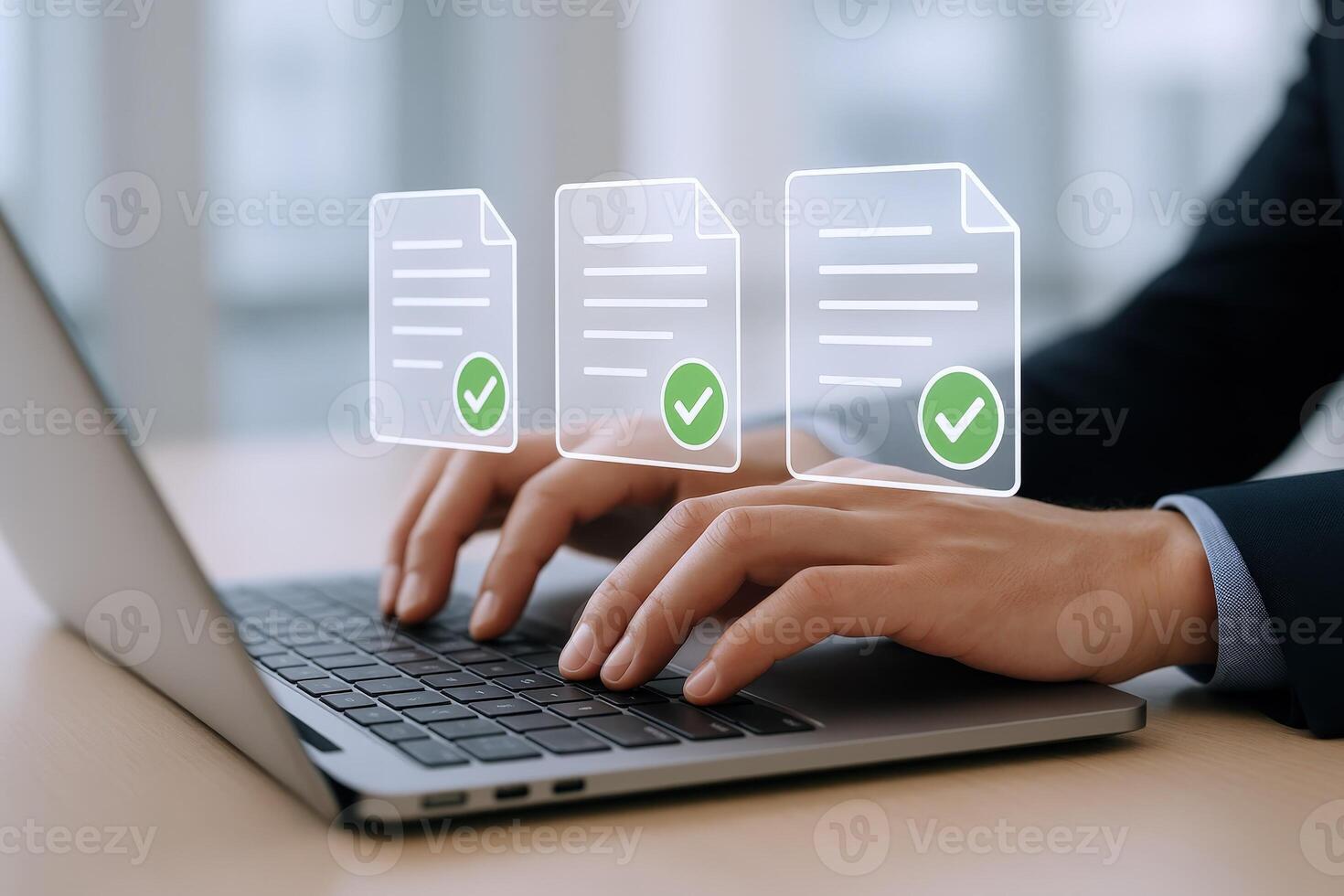 Document Approval Workflow Businessman Using Laptop, Green Checkmarks, Online Verification and Validation photo
