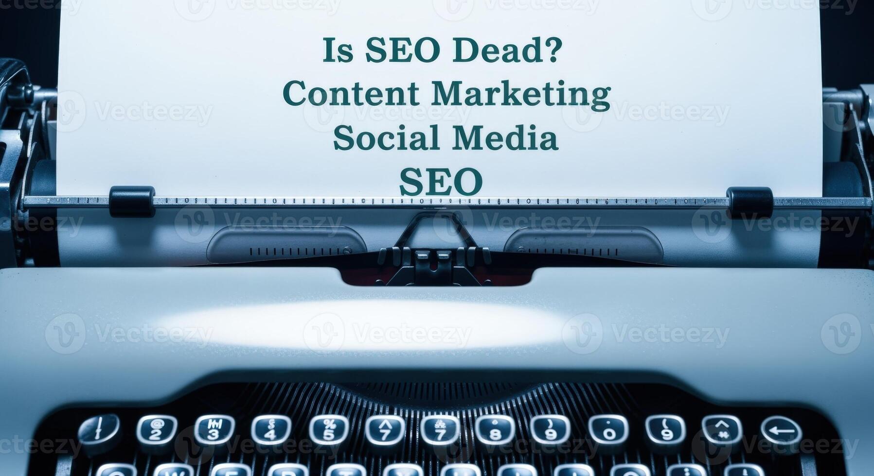 Typewriter Displaying SEO, Content Marketing and Social Media Strategy Concepts for Online Presence Optimization photo