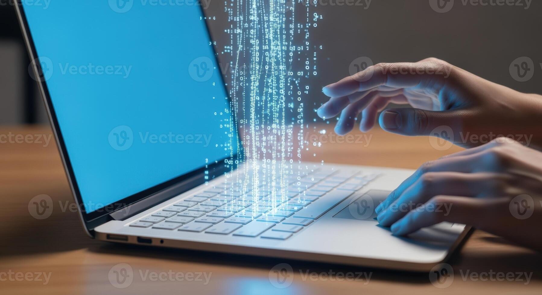 Data Stream Visualization on Laptop High-Tech, Information Flow, Digital Transformation, and Modern Computing photo