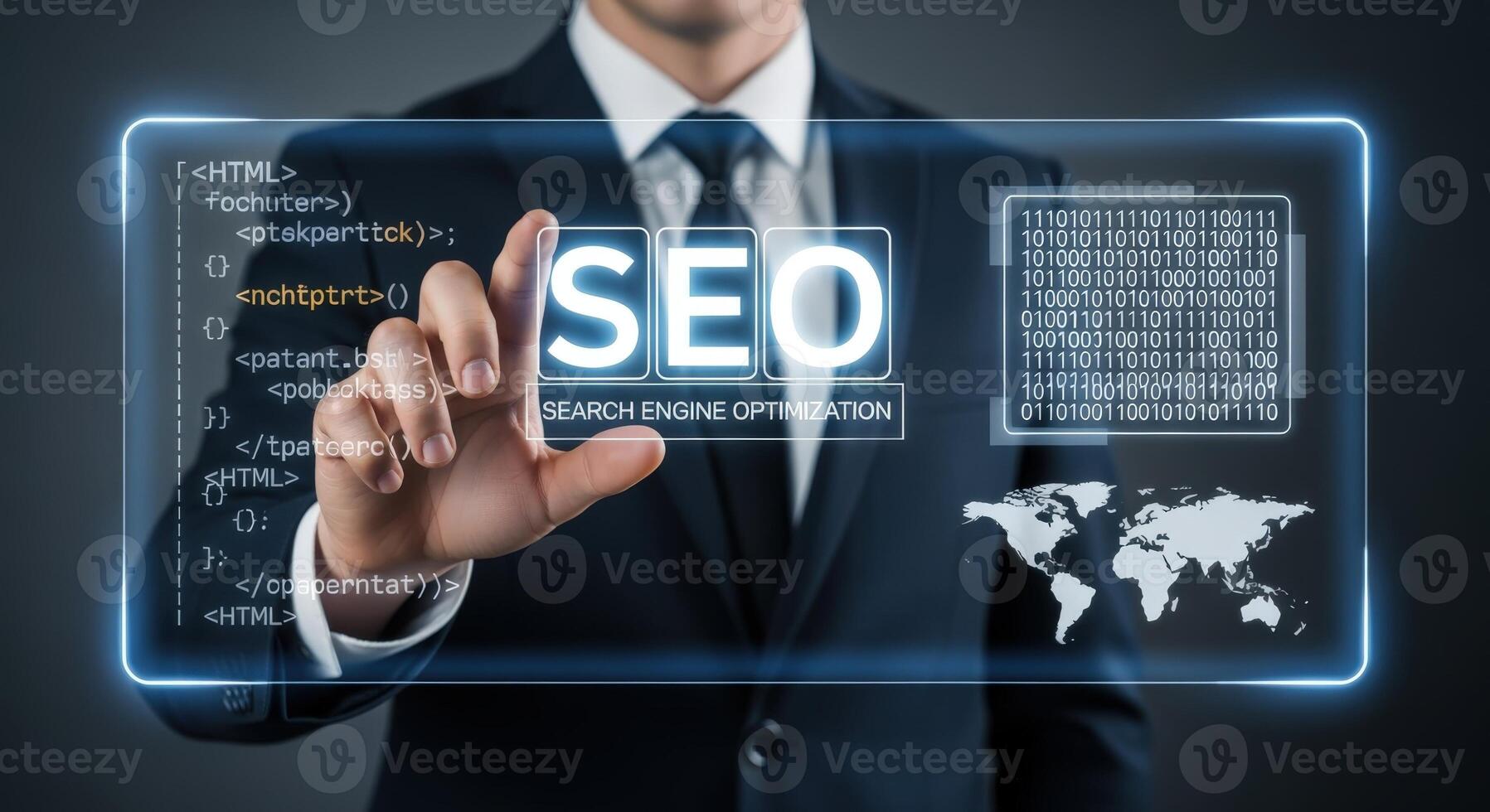 Man in suit interacting with virtual SEO display, representing optimization strategy and digital marketing photo