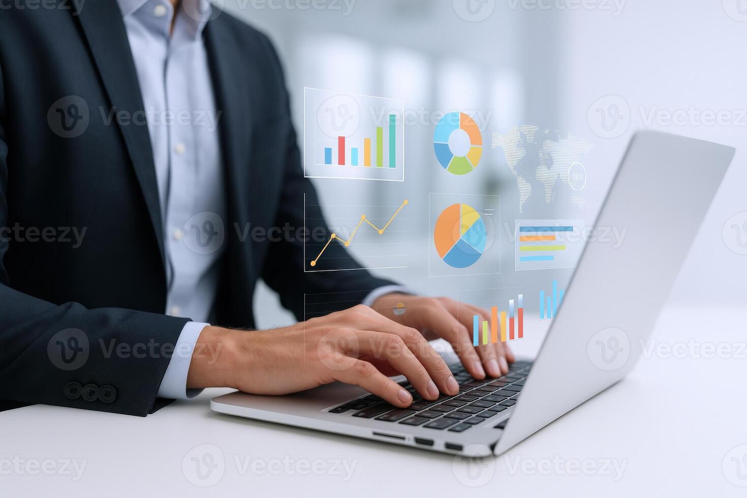Business Professional Analyzing Data on Laptop with Financial Charts and Global Network Visualization photo